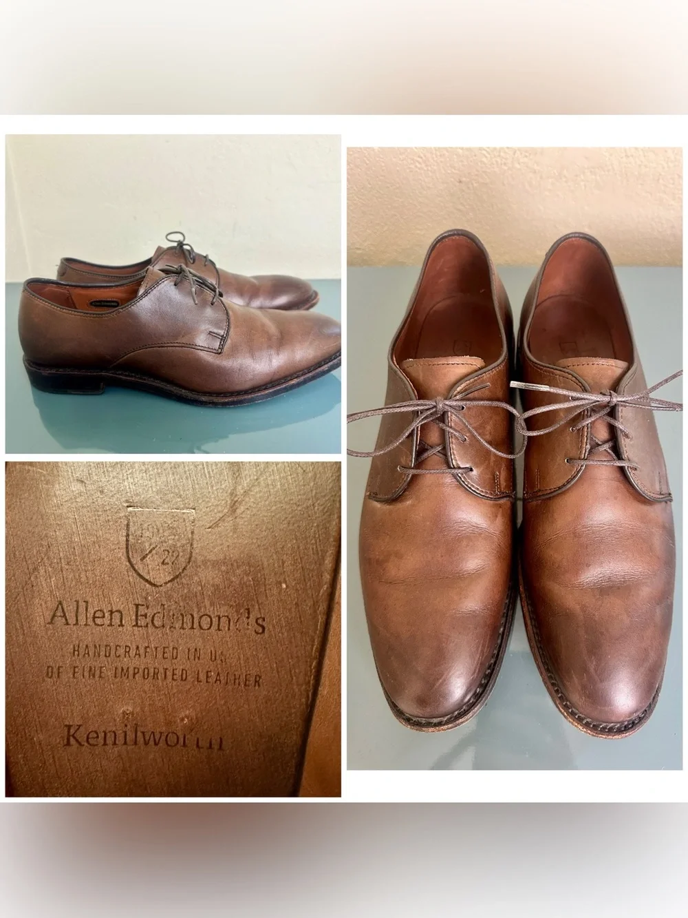 Allen Edmonds Kenilworth Brown Leather Plain Toe Bluchers Oxfords US 8.5 D $450